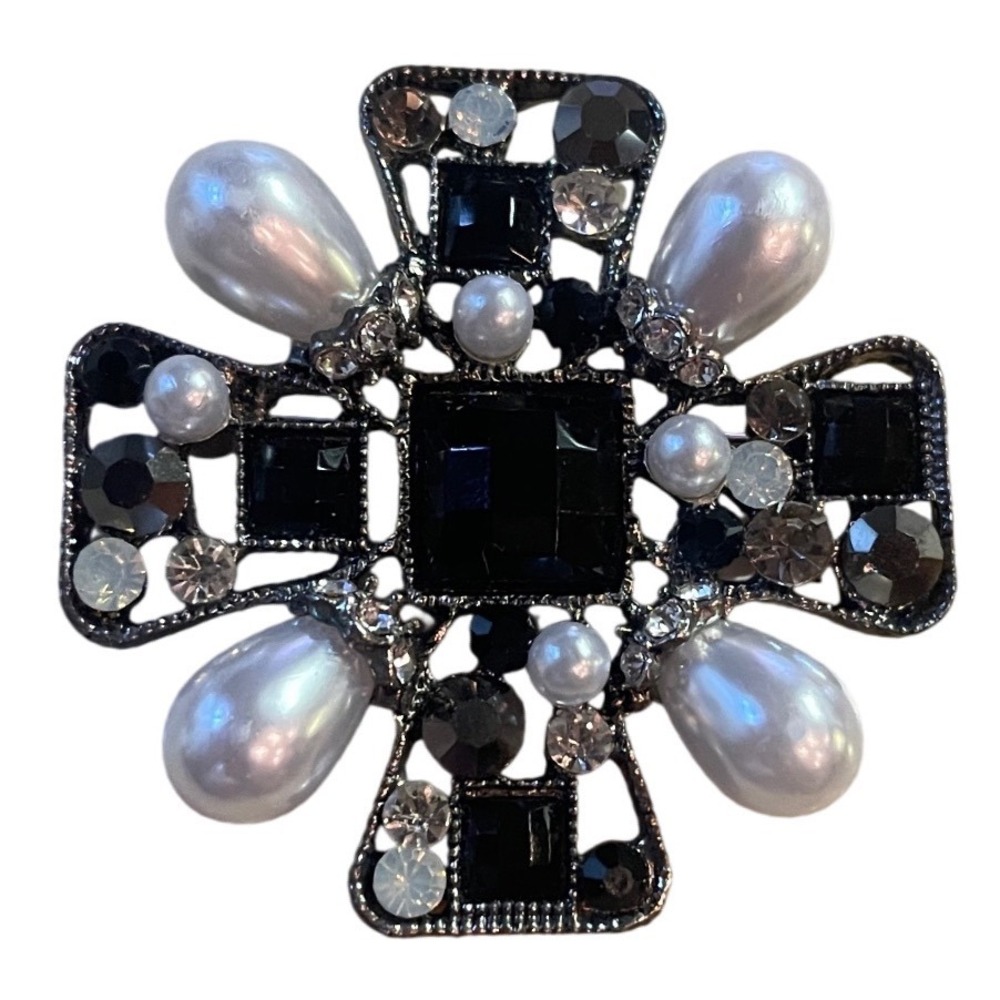 Vintage Black Crystal Faux Pearl Maltese Cross Brooch Gunmetal Rhinestone Pin